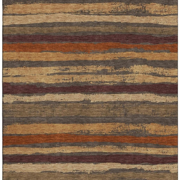 HomeRoots 10' X 14' Washable Chocolate, Gold & Burgundy Striped Area Rug – Durable, UV-Protected & Stylish! 680001