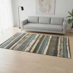 HomeRoots 5' X 8' Striped Washable Area Rug in Brown, Gold & Ivory - UV Protected for Indoor/Outdoor Use! 680003