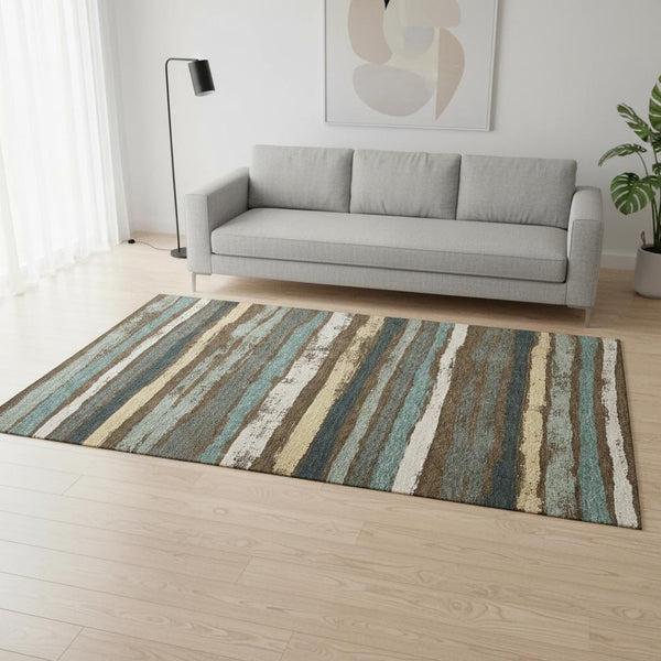 HomeRoots 5' X 8' Striped Washable Area Rug in Brown, Gold & Ivory - UV Protected for Indoor/Outdoor Use! 680003
