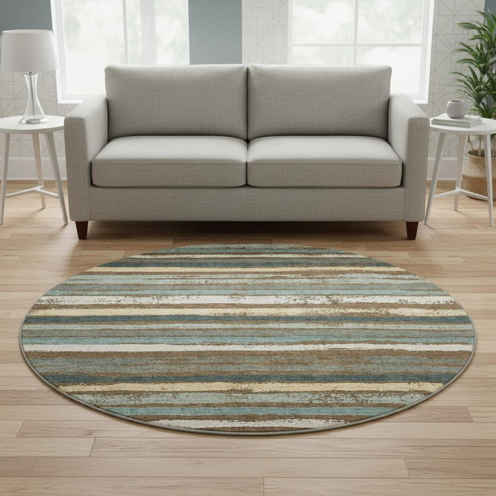 HomeRoots 8' Brown Gold and Ivory Striped Washable Round Rug with UV Protection for Kids and Pets' Homes 680004