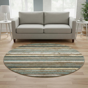 HomeRoots 8' Brown Gold and Ivory Striped Washable Round Rug with UV Protection for Kids and Pets' Homes 680004