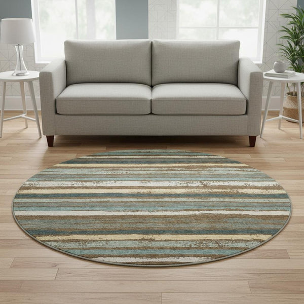 HomeRoots 8' Brown Gold and Ivory Striped Washable Round Rug with UV Protection for Kids and Pets' Homes 680004