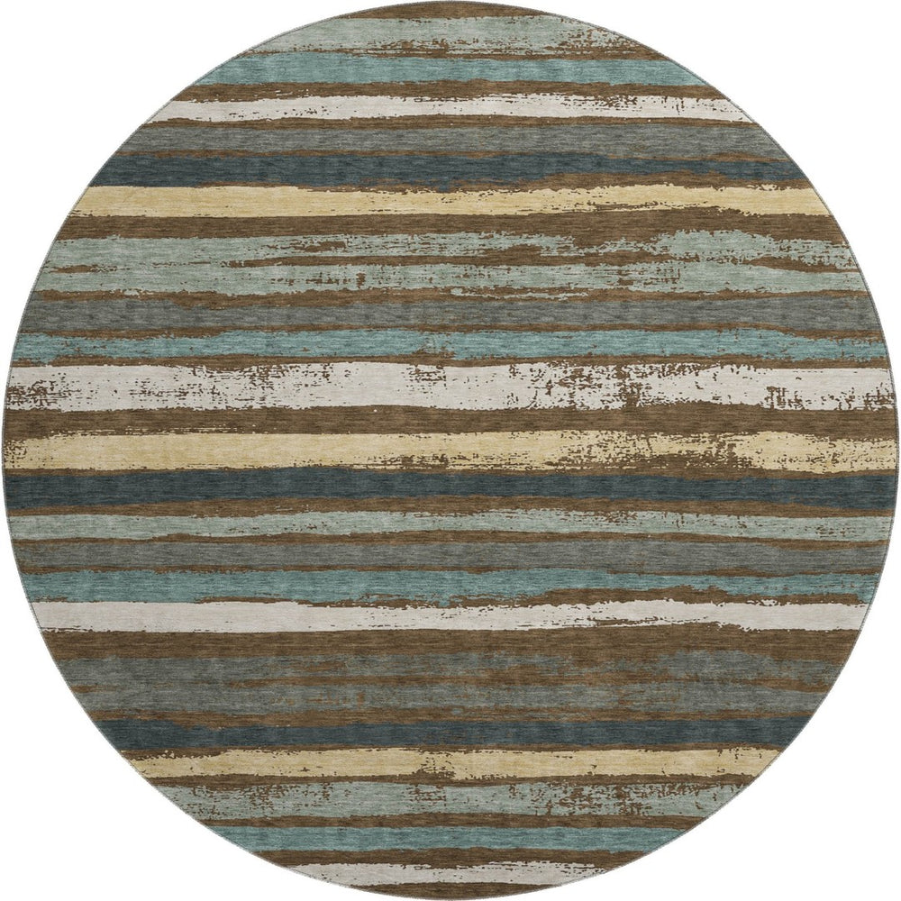 HomeRoots 8' Brown Gold and Ivory Striped Washable Round Rug with UV Protection for Kids and Pets' Homes 680004