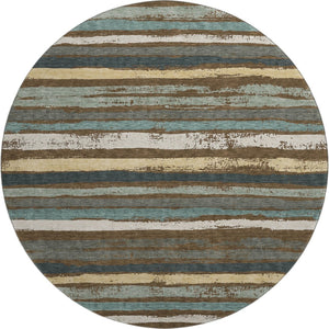 HomeRoots 8' Brown Gold and Ivory Striped Washable Round Rug with UV Protection for Kids and Pets' Homes 680004