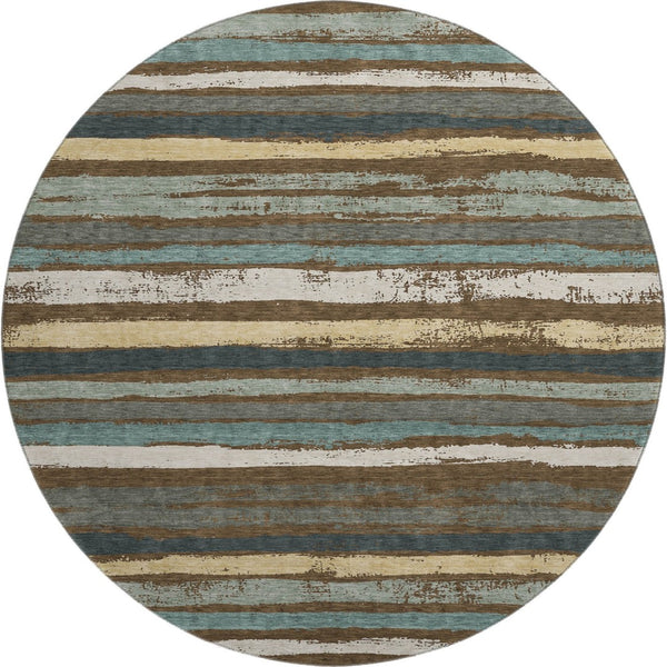 HomeRoots 8' Brown Gold and Ivory Striped Washable Round Rug with UV Protection for Kids and Pets' Homes 680004