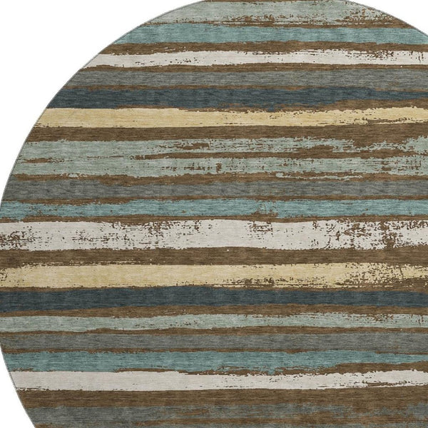 HomeRoots 8' Brown Gold and Ivory Striped Washable Round Rug with UV Protection for Kids and Pets' Homes 680004