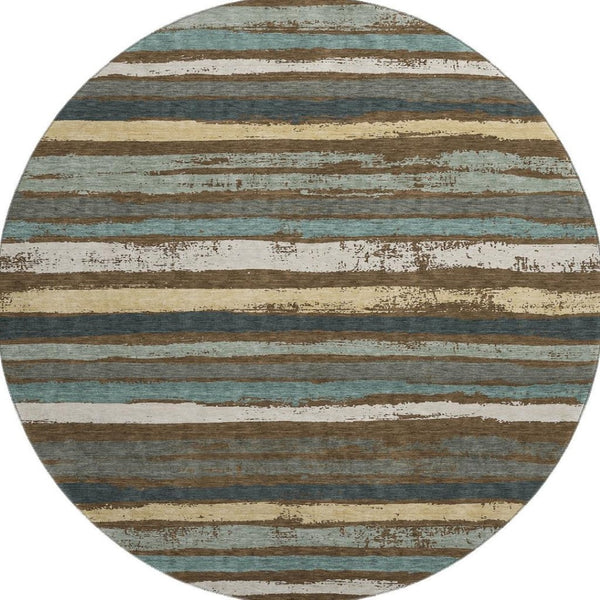 HomeRoots 8' Brown Gold and Ivory Striped Washable Round Rug with UV Protection for Kids and Pets' Homes 680004