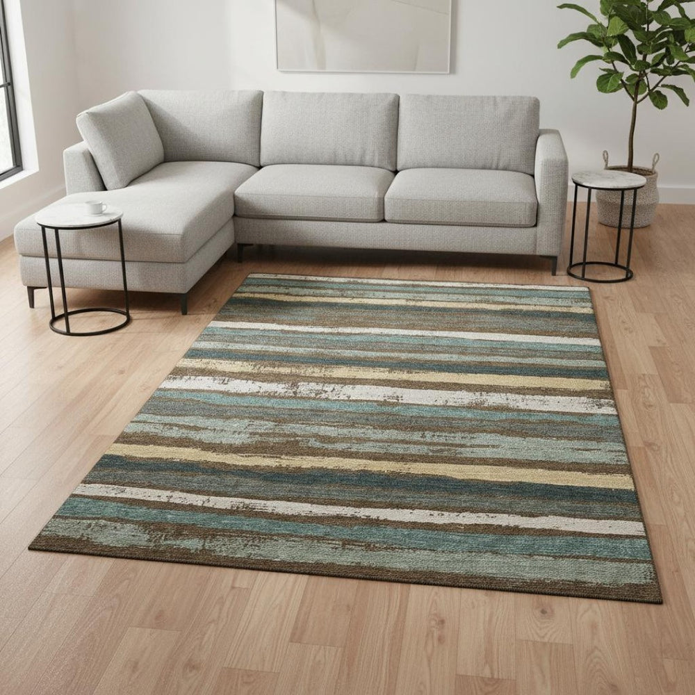 HomeRoots 8' X 10' Striped Area Rug in Brown, Gold & Ivory - Washable, UV-Protected, Perfect for High-Traffic Spaces 680005