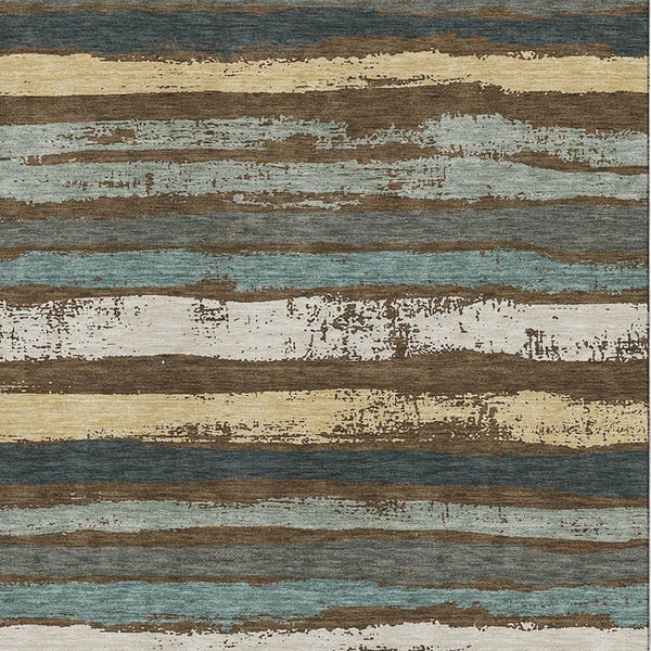 HomeRoots 8' X 10' Striped Area Rug in Brown, Gold & Ivory - Washable, UV-Protected, Perfect for High-Traffic Spaces 680005