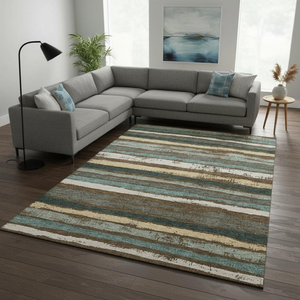 HomeRoots 9' Striped Washable Area Rug in Brown, Gold & Ivory - Durable, UV Protected for High-Traffic Homes 680006