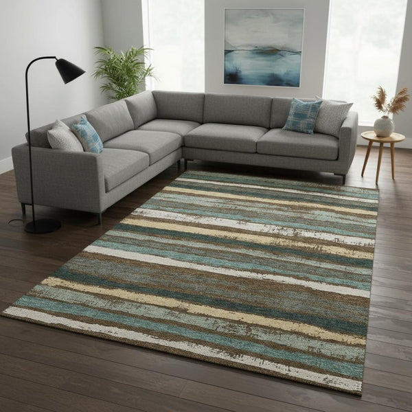 HomeRoots 9' Striped Washable Area Rug in Brown, Gold & Ivory - Durable, UV Protected for High-Traffic Homes 680006