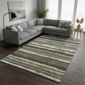 HomeRoots 10' X 14' Striped Area Rug in Brown, Gold & Ivory - Washable, UV-Protected, Durable for Busy Homes 680007