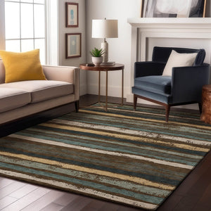 HomeRoots 10' X 14' Striped Area Rug in Brown, Gold & Ivory - Washable, UV-Protected, Durable for Busy Homes 680007