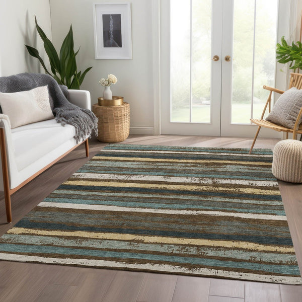 HomeRoots 10' X 14' Striped Area Rug in Brown, Gold & Ivory - Washable, UV-Protected, Durable for Busy Homes 680007