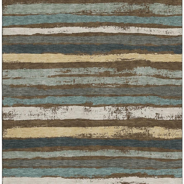 HomeRoots 10' X 14' Striped Area Rug in Brown, Gold & Ivory - Washable, UV-Protected, Durable for Busy Homes 680007
