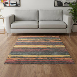 HomeRoots 5' X 8' Granite Gray Striped Washable Area Rug with Salmon & Yellow Accents, UV Protection & Durability 680009