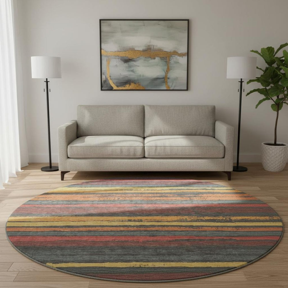 HomeRoots 8' Washable Round Rug in Granite Gray with Salmon & Yellow Stripes - UV Protected, Durable & Stylish 680010