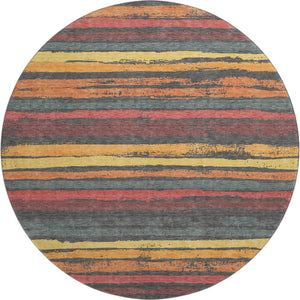 HomeRoots 8' Washable Round Rug in Granite Gray with Salmon & Yellow Stripes - UV Protected, Durable & Stylish 680010