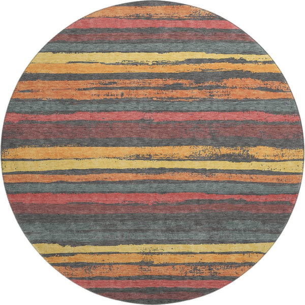 HomeRoots 8' Washable Round Rug in Granite Gray with Salmon & Yellow Stripes - UV Protected, Durable & Stylish 680010