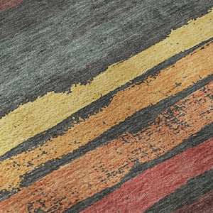 HomeRoots 8' Washable Round Rug in Granite Gray with Salmon & Yellow Stripes - UV Protected, Durable & Stylish 680010