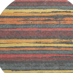 HomeRoots 8' Washable Round Rug in Granite Gray with Salmon & Yellow Stripes - UV Protected, Durable & Stylish 680010
