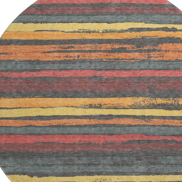 HomeRoots 8' Washable Round Rug in Granite Gray with Salmon & Yellow Stripes - UV Protected, Durable & Stylish 680010