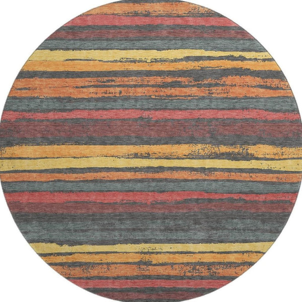 HomeRoots 8' Washable Round Rug in Granite Gray with Salmon & Yellow Stripes - UV Protected, Durable & Stylish 680010