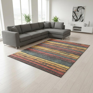 HomeRoots 8' X 10' Stylish Granite Gray Area Rug with Salmon & Yellow Stripes – Washable, UV Protected, Durable Design 680011