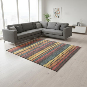HomeRoots 9' X 12' Striped Area Rug in Granite Gray, Salmon & Yellow - Washable, UV Protected & Durable Decor 680012