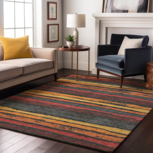 HomeRoots 9' X 12' Striped Area Rug in Granite Gray, Salmon & Yellow - Washable, UV Protected & Durable Decor 680012
