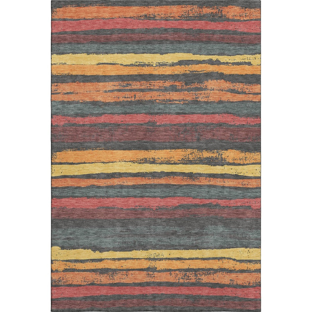 HomeRoots 9' X 12' Striped Area Rug in Granite Gray, Salmon & Yellow - Washable, UV Protected & Durable Decor 680012
