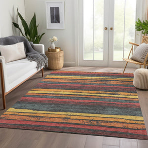 HomeRoots 9' X 12' Striped Area Rug in Granite Gray, Salmon & Yellow - Washable, UV Protected & Durable Decor 680012
