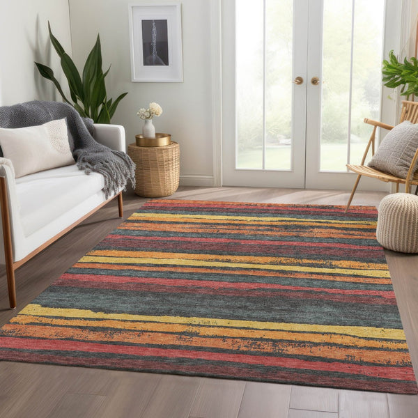 HomeRoots 9' X 12' Striped Area Rug in Granite Gray, Salmon & Yellow - Washable, UV Protected & Durable Decor 680012