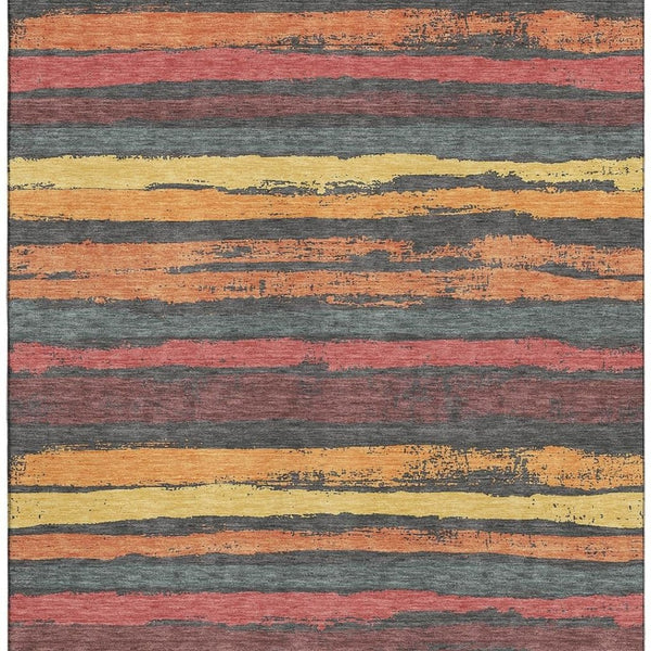 HomeRoots 9' X 12' Striped Area Rug in Granite Gray, Salmon & Yellow - Washable, UV Protected & Durable Decor 680012