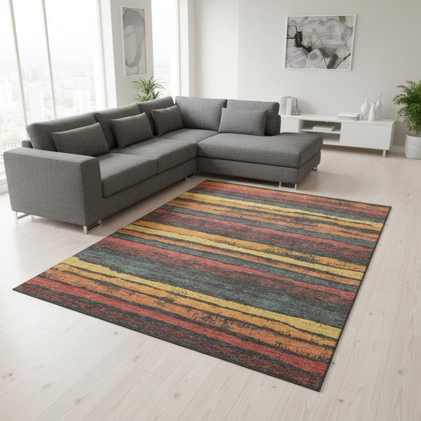 HomeRoots 10' Stylish Granite Gray Area Rug with Salmon & Yellow Stripes – Washable, UV-Protected for Homes 680013