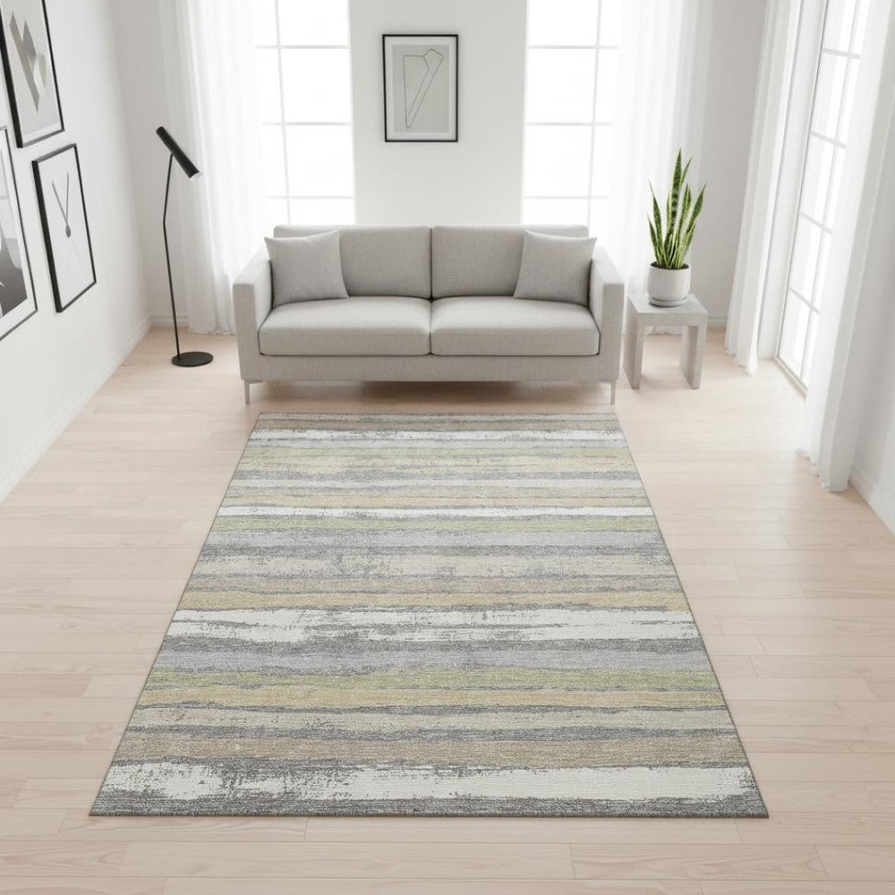 HomeRoots 5' X 8' Washable Area Rug in Gray, Ivory, & Artichoke Green - UV Protected, Stain Resistant Design! 680015