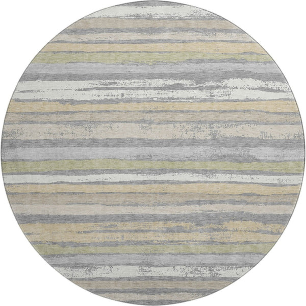 HomeRoots 8' Washable Round Rug in Gray, Ivory & Artichoke Green - UV Protected, Stain Resistant, Durable Design 680016