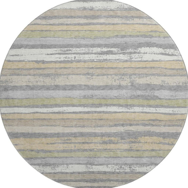 HomeRoots 8' Washable Round Rug in Gray, Ivory & Artichoke Green - UV Protected, Stain Resistant, Durable Design 680016