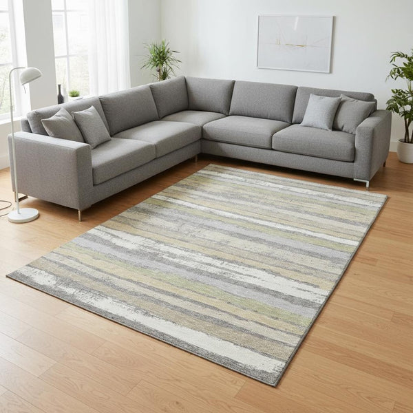 HomeRoots 8' X 10' Stylish Gray, Ivory & Artichoke Green Striped Washable Area Rug with UV & Stain Resistance 680017