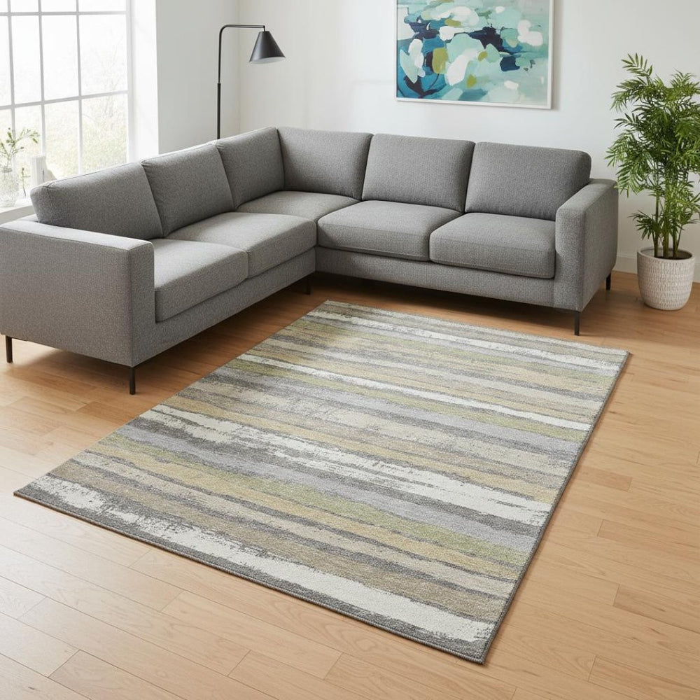 HomeRoots 9' X 12' Stylish Gray Ivory and Artichoke Green Striped Washable Area Rug with UV Protection 680018