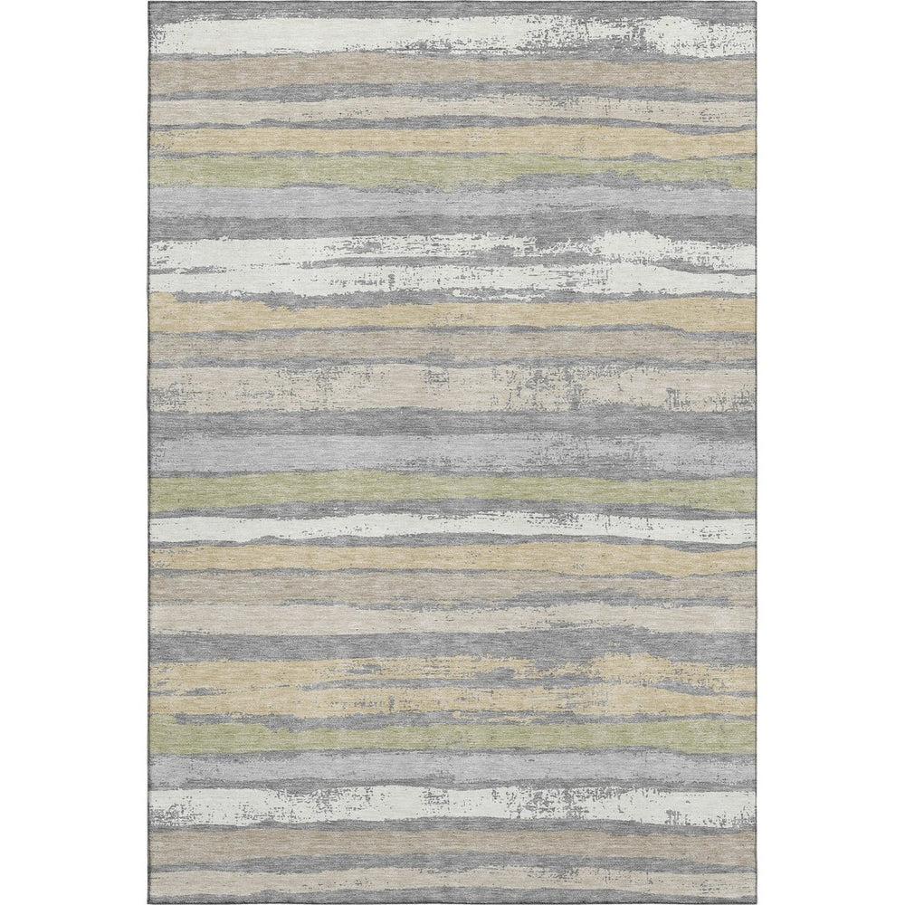 HomeRoots 9' X 12' Stylish Gray Ivory and Artichoke Green Striped Washable Area Rug with UV Protection 680018