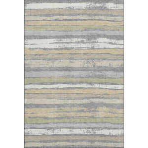 HomeRoots 9' X 12' Stylish Gray Ivory and Artichoke Green Striped Washable Area Rug with UV Protection 680018