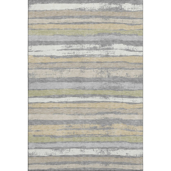 HomeRoots 9' X 12' Stylish Gray Ivory and Artichoke Green Striped Washable Area Rug with UV Protection 680018