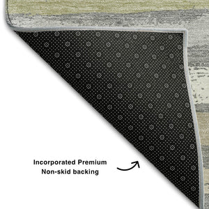 HomeRoots 9' X 12' Stylish Gray Ivory and Artichoke Green Striped Washable Area Rug with UV Protection 680018