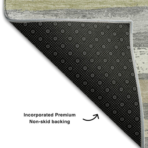 HomeRoots 9' X 12' Stylish Gray Ivory and Artichoke Green Striped Washable Area Rug with UV Protection 680018