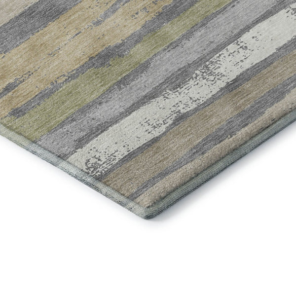 HomeRoots 9' X 12' Stylish Gray Ivory and Artichoke Green Striped Washable Area Rug with UV Protection 680018