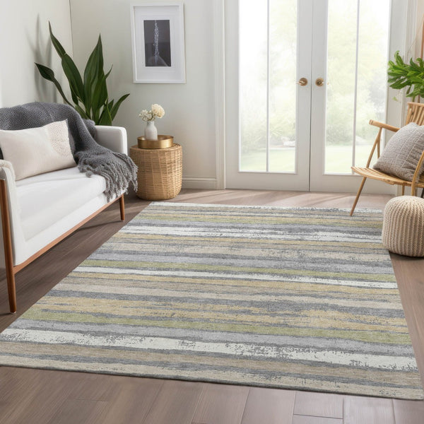 HomeRoots 9' X 12' Stylish Gray Ivory and Artichoke Green Striped Washable Area Rug with UV Protection 680018