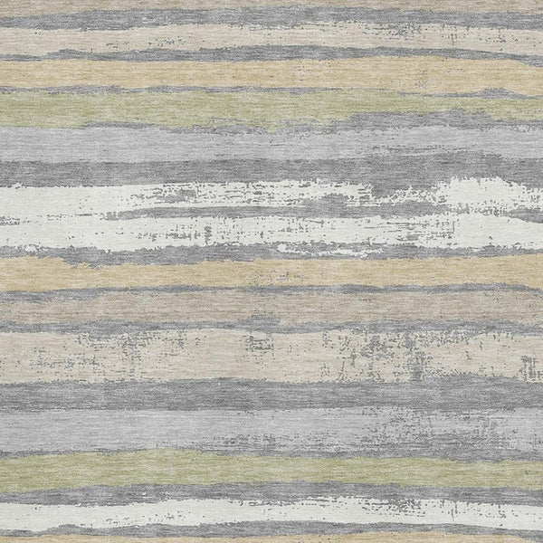 HomeRoots 9' X 12' Stylish Gray Ivory and Artichoke Green Striped Washable Area Rug with UV Protection 680018