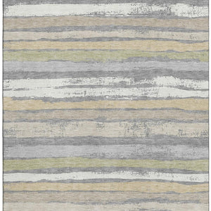 HomeRoots 9' X 12' Stylish Gray Ivory and Artichoke Green Striped Washable Area Rug with UV Protection 680018