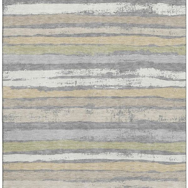 HomeRoots 9' X 12' Stylish Gray Ivory and Artichoke Green Striped Washable Area Rug with UV Protection 680018